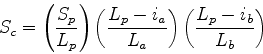 \begin{displaymath}
S_{c} =
\left(
\frac{S_{p}}{L_{p}}
\right)
\left(
\frac{L_{p}-i_{a}}{L_{a}}
\right)
\left(
\frac{L_{p}-i_{b}}{L_{b}}
\right)
\end{displaymath}