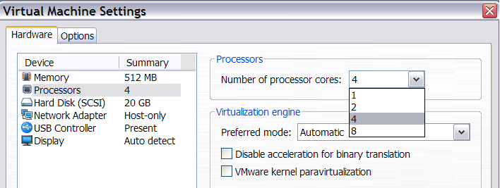 vmware cpu settings